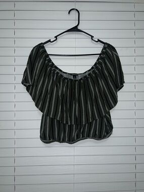 Torrid Green Black & White Striped Off-Shoulder Cropped Ruffle Blouse